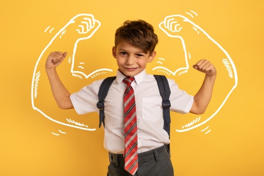 Young boy student acts like a muscled man. Yellow background